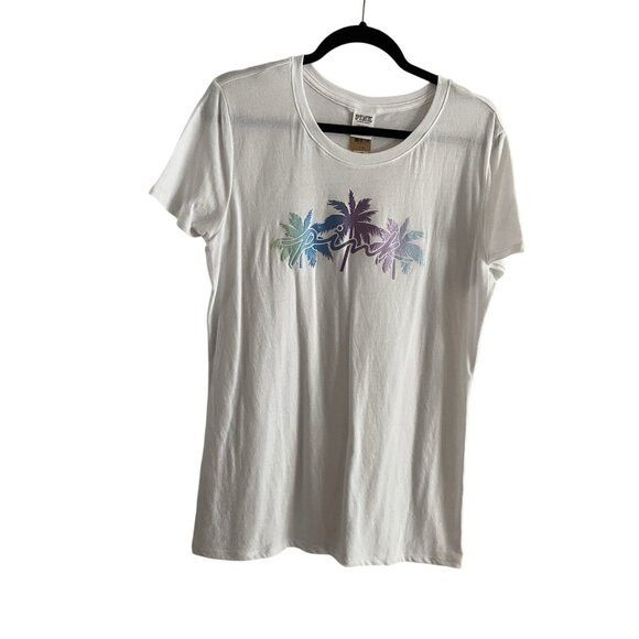 PINK Victorias Secret Women L Optic White Shine Logo Palm Trees Everyday Tee NWT - Picture 2 of 9